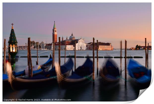 Venice gondolas at Sunset Print by Rachel Harris