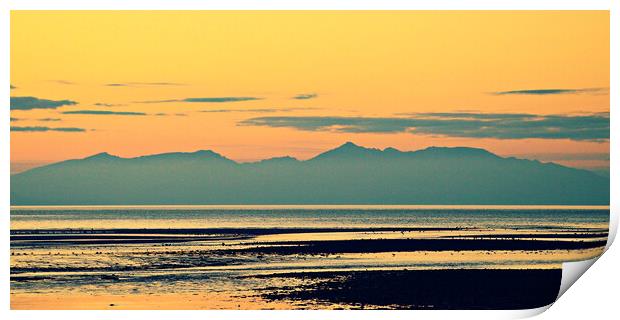 Mountains on Arran silhouetted at sunset Print by Allan Durward Photography