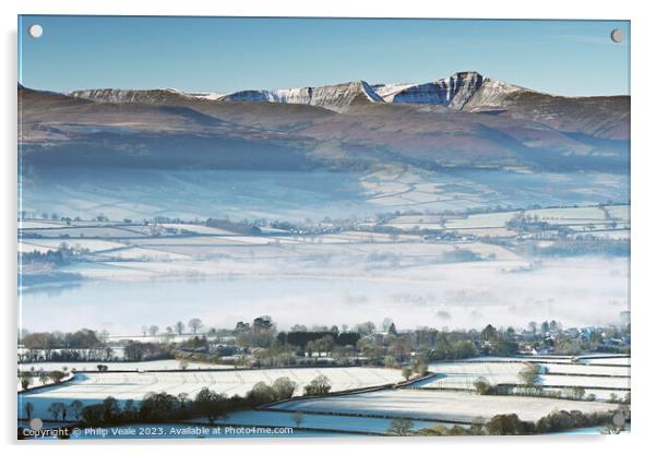 Brecon Beacons and Llangorse Lake on a Winter Day. Acrylic by Philip Veale