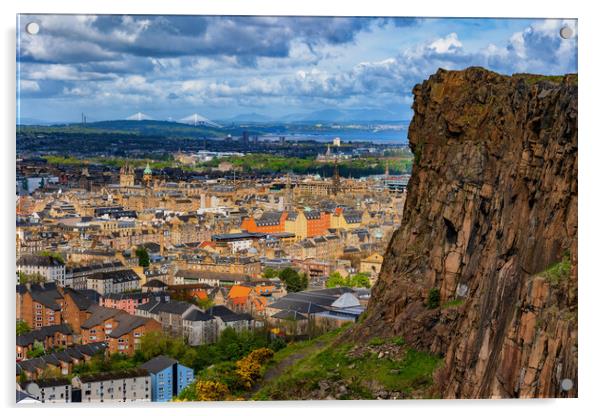 Edinburgh Cityscape And Cliff In Holyrood Park Acrylic by Artur Bogacki