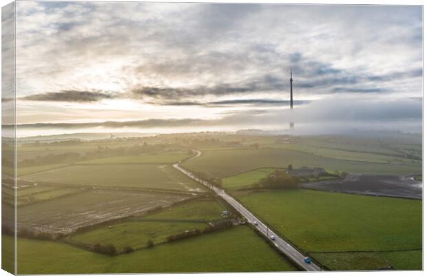 Misty Morning on Emley Moor Canvas Print by Apollo Aerial Photography