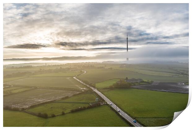 Misty Morning on Emley Moor Print by Apollo Aerial Photography