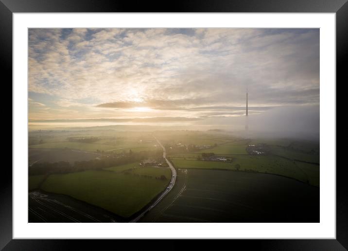 Emley Moor TV Mast Mist Framed Mounted Print by Apollo Aerial Photography