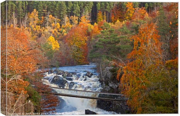 Rogie Falls, with suspension bridge stretching ove Canvas Print by Arch White