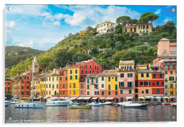 View of Portofino, the village and the marina. Liguria, Italy Acrylic by Stefano Orazzini