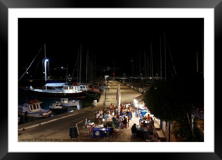 Lipsi evening boats and ouzerie Framed Mounted Print by Paul Boizot