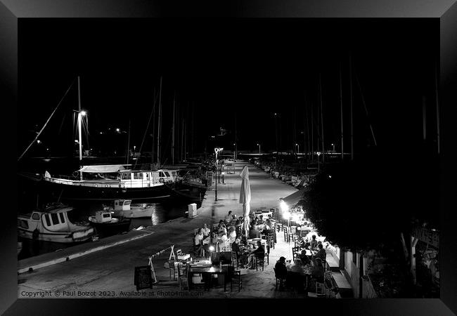 Lipsi evening boats and ouzerie, monochrome Framed Print by Paul Boizot