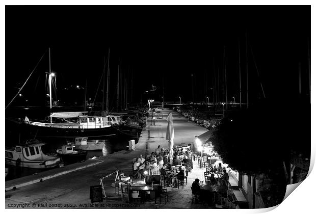 Lipsi evening boats and ouzerie, monochrome Print by Paul Boizot