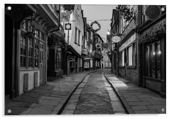 York shambles at sunrise in Black & White Acrylic by Kevin Winter