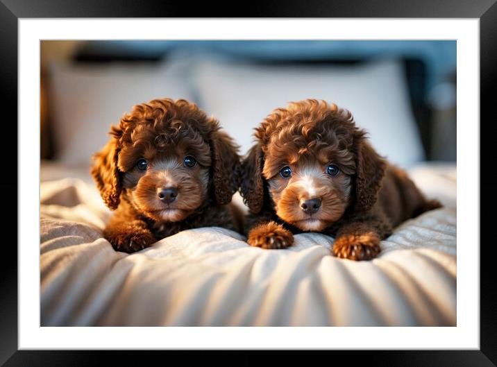 Two cute poodle puppies cuddled on home bed. Framed Mounted Print by Guido Parmiggiani