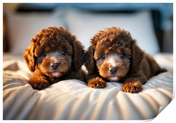 Two cute poodle puppies cuddled on home bed. Print by Guido Parmiggiani