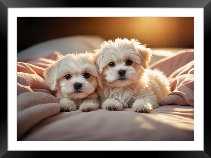 Two adorable Maltese dog puppies Framed Mounted Print by Guido Parmiggiani