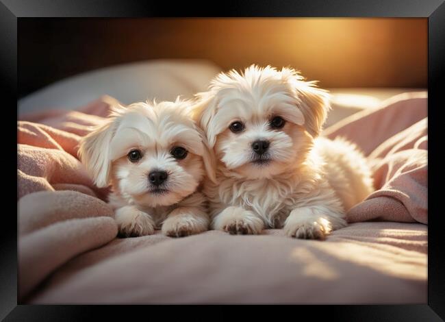 Two adorable Maltese dog puppies Framed Print by Guido Parmiggiani