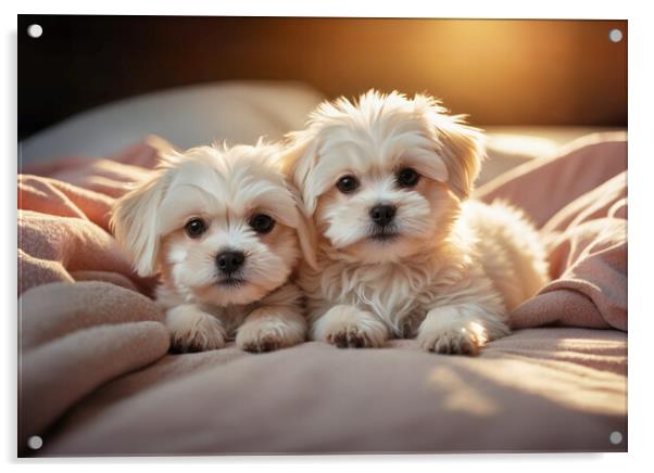 Two adorable Maltese dog puppies Acrylic by Guido Parmiggiani