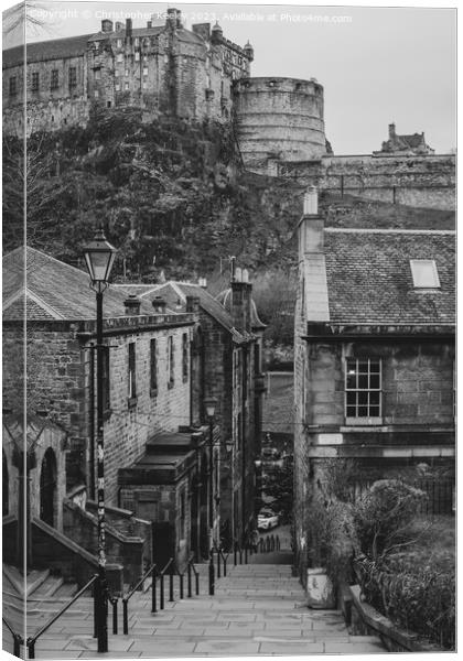 Edinburgh Castle from the Vennel in black and white Canvas Print by Christopher Keeley