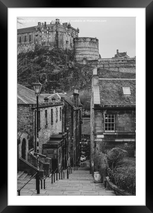 Edinburgh Castle from the Vennel in black and white Framed Mounted Print by Christopher Keeley