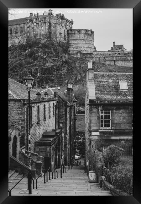 Edinburgh Castle from the Vennel in black and white Framed Print by Christopher Keeley