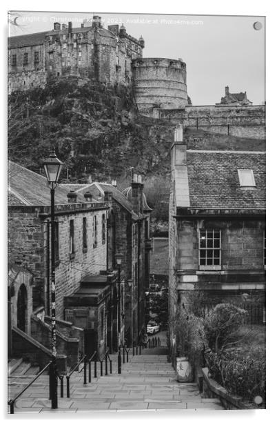 Edinburgh Castle from the Vennel in black and white Acrylic by Christopher Keeley