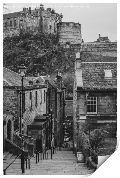 Edinburgh Castle from the Vennel in black and white Print by Christopher Keeley