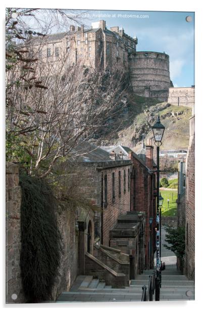 Down the steps to Edinburgh Castle Acrylic by Christopher Keeley