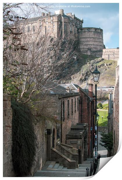 Down the steps to Edinburgh Castle Print by Christopher Keeley