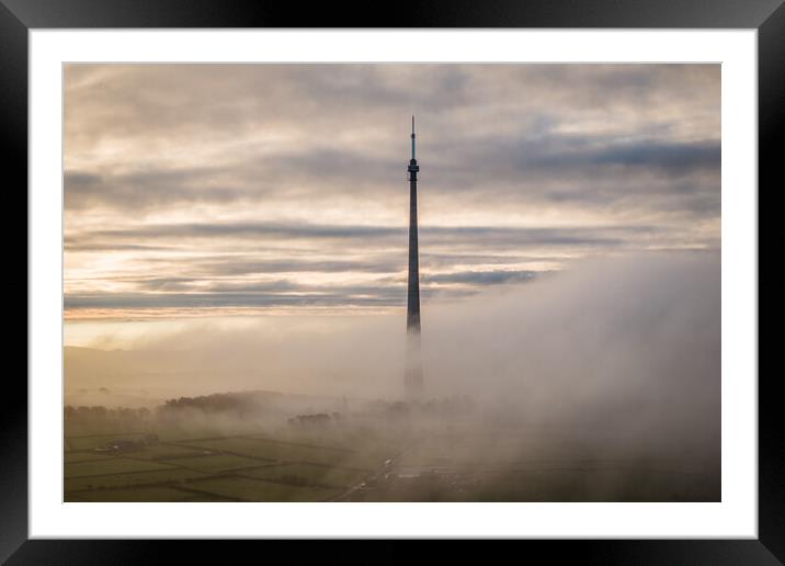 Emley Moor TV Mast Mist Framed Mounted Print by Apollo Aerial Photography