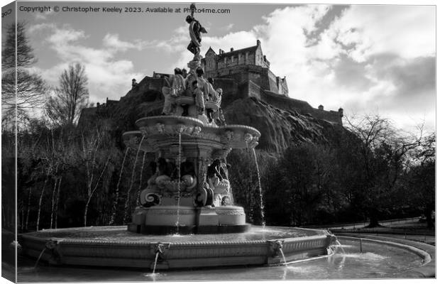 Ross Fountain and Edinburgh Castle in black and white Canvas Print by Christopher Keeley