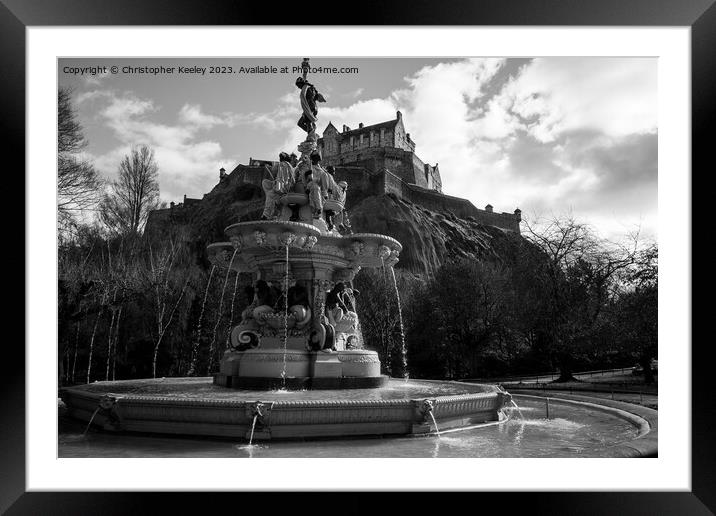 Ross Fountain and Edinburgh Castle in black and white Framed Mounted Print by Christopher Keeley