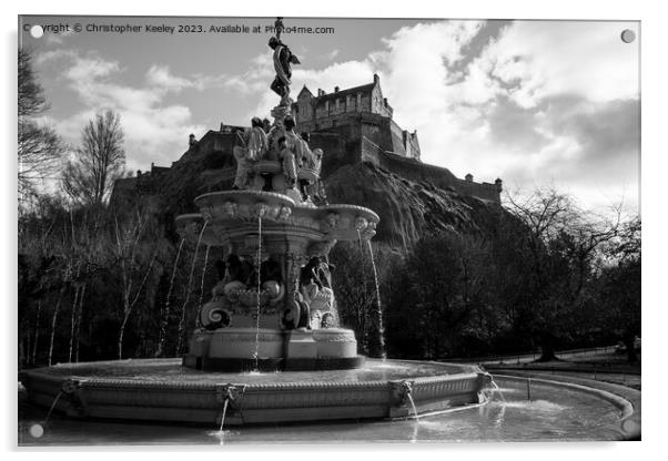Ross Fountain and Edinburgh Castle in black and white Acrylic by Christopher Keeley