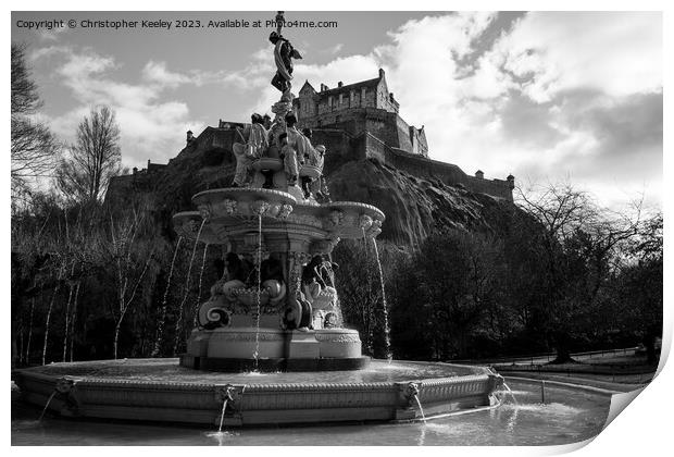 Ross Fountain and Edinburgh Castle in black and white Print by Christopher Keeley