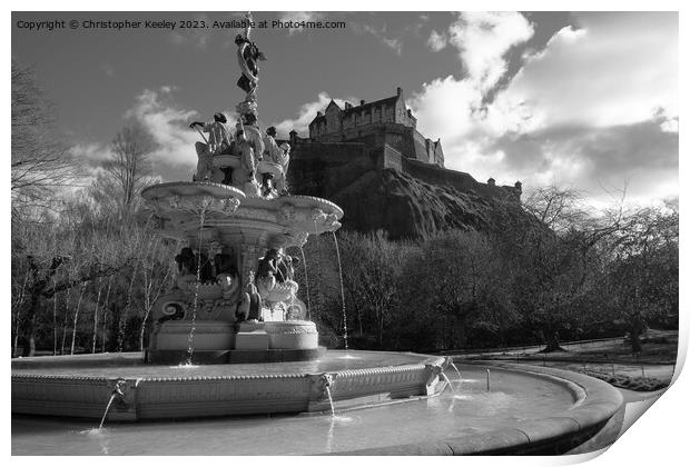 Edinburgh Castle and Ross Fountain in monochrome Print by Christopher Keeley