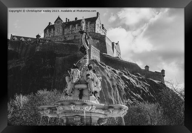 Edinburgh Castle and Ross Fountain views in black and white Framed Print by Christopher Keeley