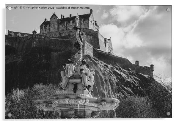 Edinburgh Castle and Ross Fountain views in black and white Acrylic by Christopher Keeley