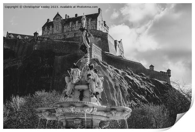 Edinburgh Castle and Ross Fountain views in black and white Print by Christopher Keeley