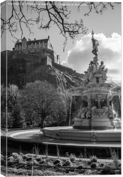 Moody Ross Fountain and Edinburgh Castle in black and white Canvas Print by Christopher Keeley