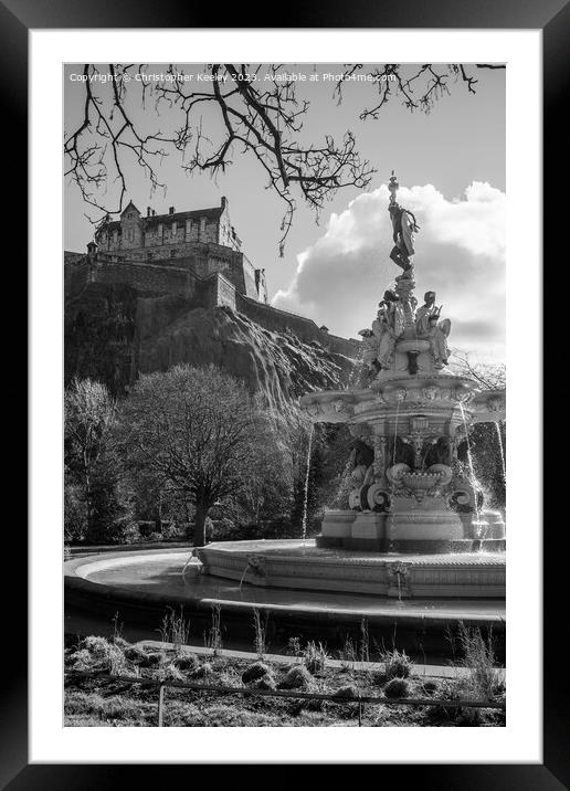 Moody Ross Fountain and Edinburgh Castle in black and white Framed Mounted Print by Christopher Keeley