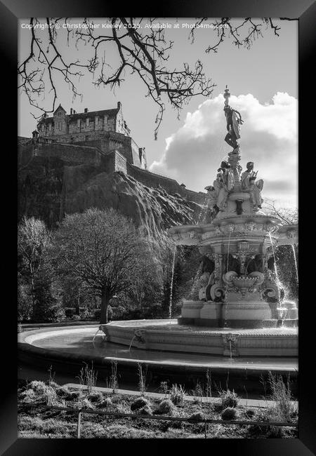 Moody Ross Fountain and Edinburgh Castle in black and white Framed Print by Christopher Keeley