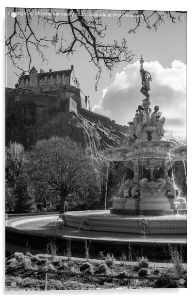 Moody Ross Fountain and Edinburgh Castle in black and white Acrylic by Christopher Keeley