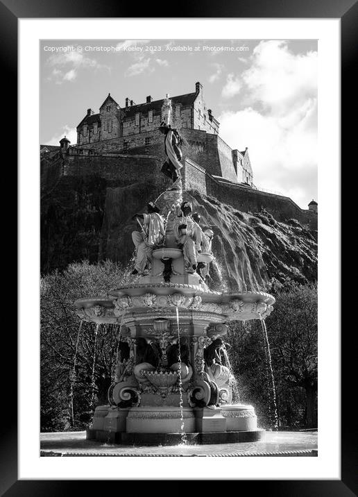 Edinburgh Castle and Ross Fountain in monochrome Framed Mounted Print by Christopher Keeley
