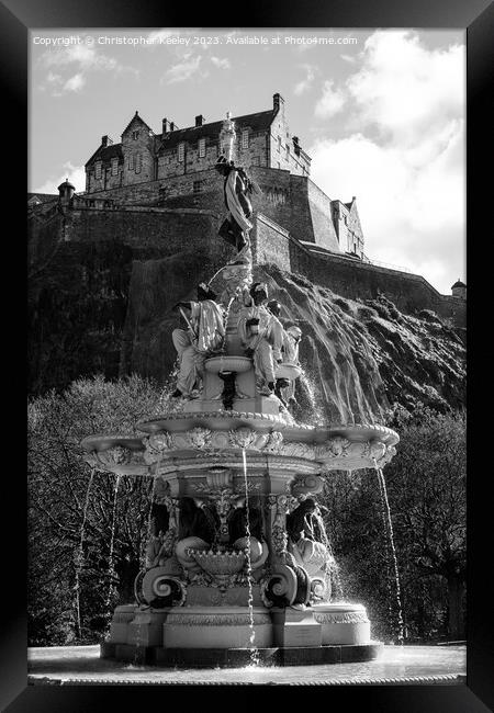 Edinburgh Castle and Ross Fountain in monochrome Framed Print by Christopher Keeley