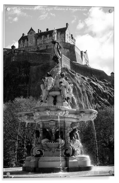 Edinburgh Castle and Ross Fountain in monochrome Acrylic by Christopher Keeley