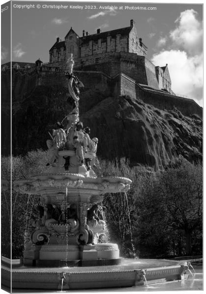 Fountain and Edinburgh Castle in black and white Canvas Print by Christopher Keeley