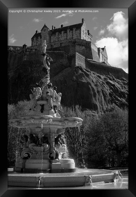 Fountain and Edinburgh Castle in black and white Framed Print by Christopher Keeley