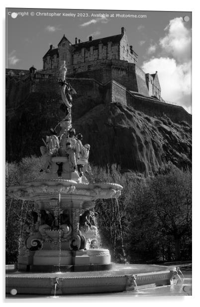 Fountain and Edinburgh Castle in black and white Acrylic by Christopher Keeley