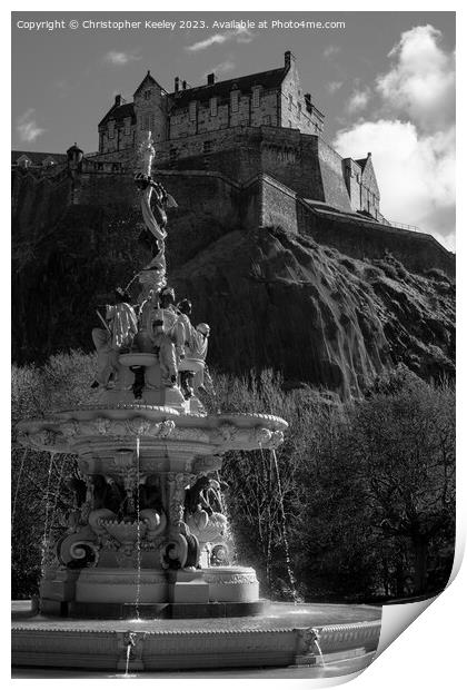 Fountain and Edinburgh Castle in black and white Print by Christopher Keeley