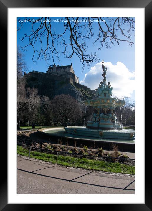 Spring sun over Edinburgh Castle and Ross Fountain Framed Mounted Print by Christopher Keeley