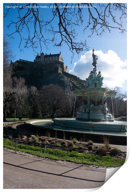 Spring sun over Edinburgh Castle and Ross Fountain Print by Christopher Keeley