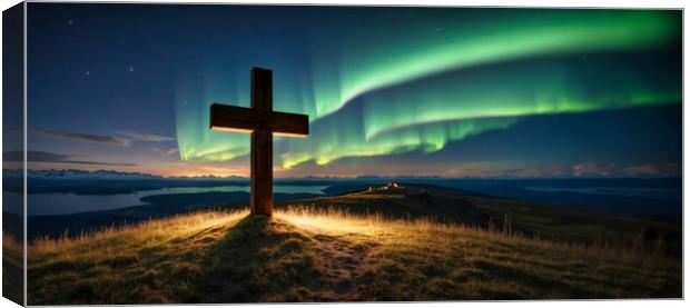 Cross on the hill and a suggestive Northern Lights. Canvas Print by Guido Parmiggiani