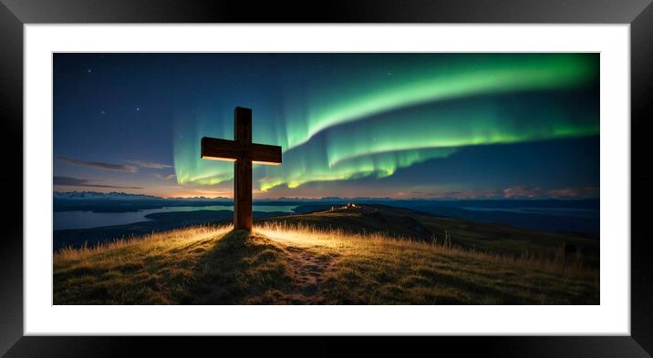 Cross on the hill and a suggestive Northern Lights. Framed Mounted Print by Guido Parmiggiani