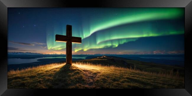 Cross on the hill and a suggestive Northern Lights. Framed Print by Guido Parmiggiani